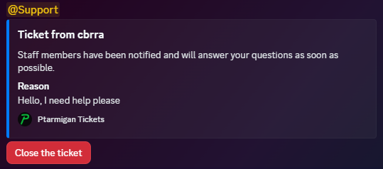 Ticket open message example